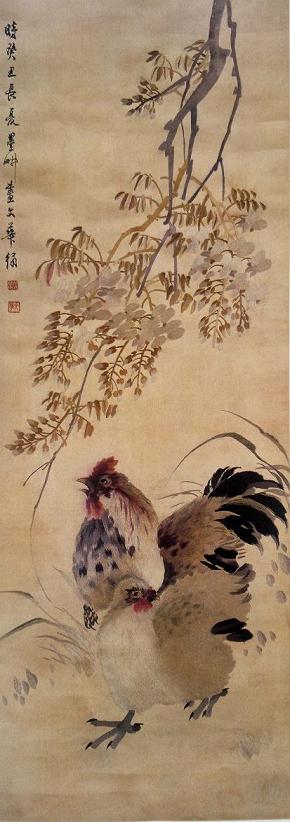 薛文華繡紫藤雙雞圖(軸),民國時期蘇繡,民國織繡精品,華喦