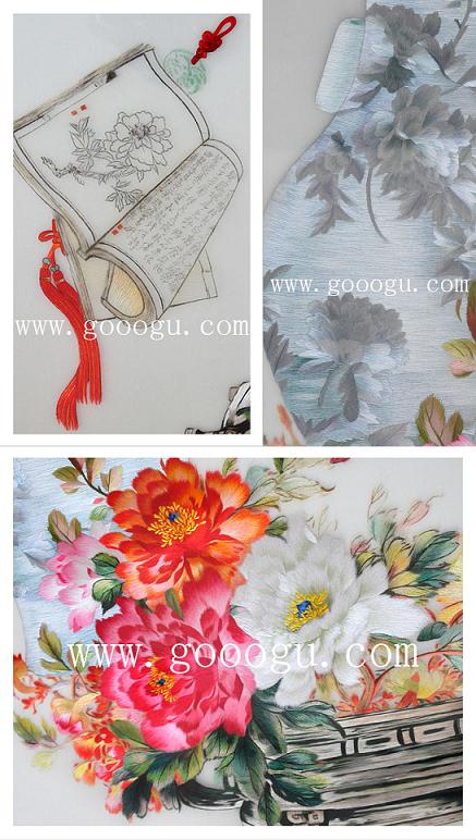 刺繡畫細節(jié)照片，牡丹古代題材蘇繡精品